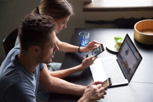 Happy person browsing through a website