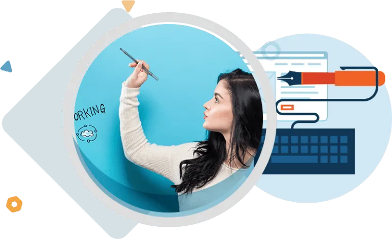 a woman in white holding a pen