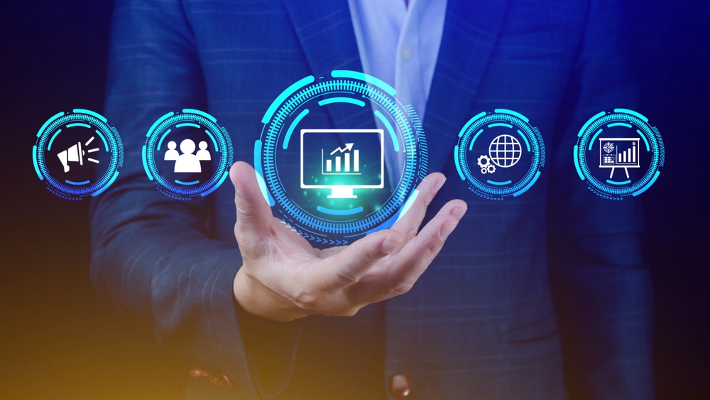 digital marketing graphs in man hand