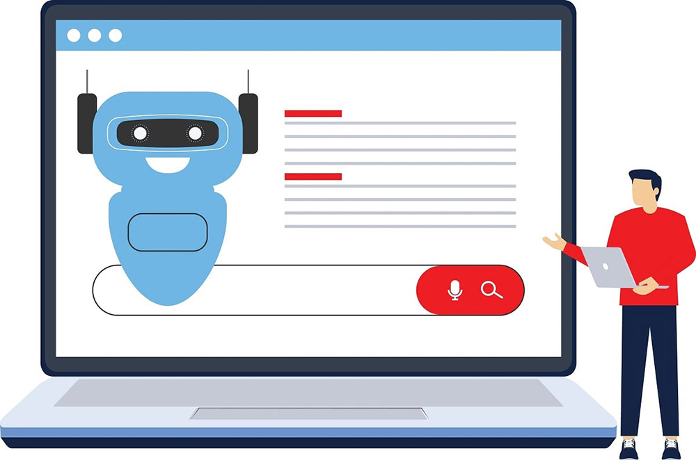 laptop screen displaying Google search results with an overlay of AI-inspired graphics