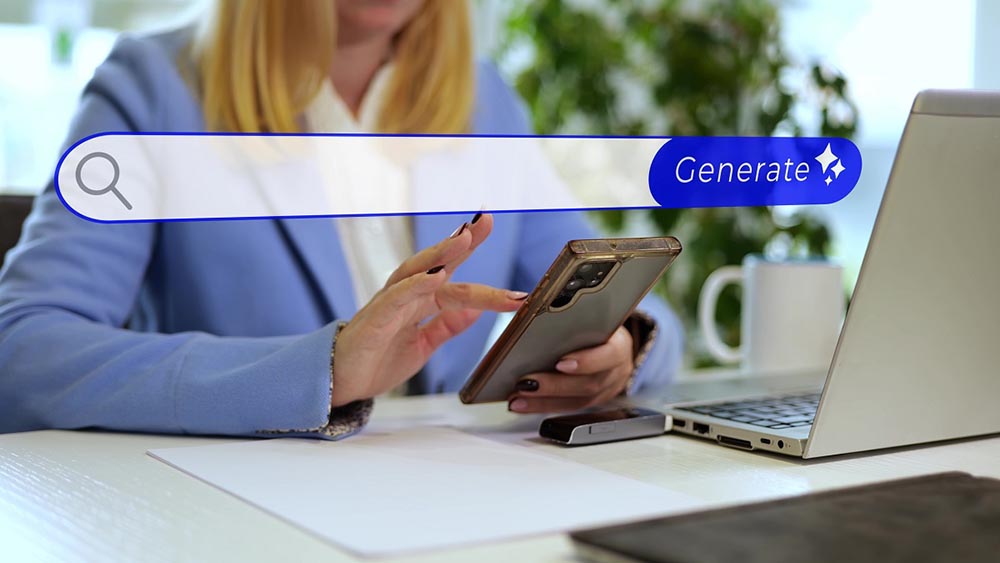 split-screen style graphic showing traditional keywords and search bars on one side, chat bubbles, AI assistants, and dynamic answer boxes on the other