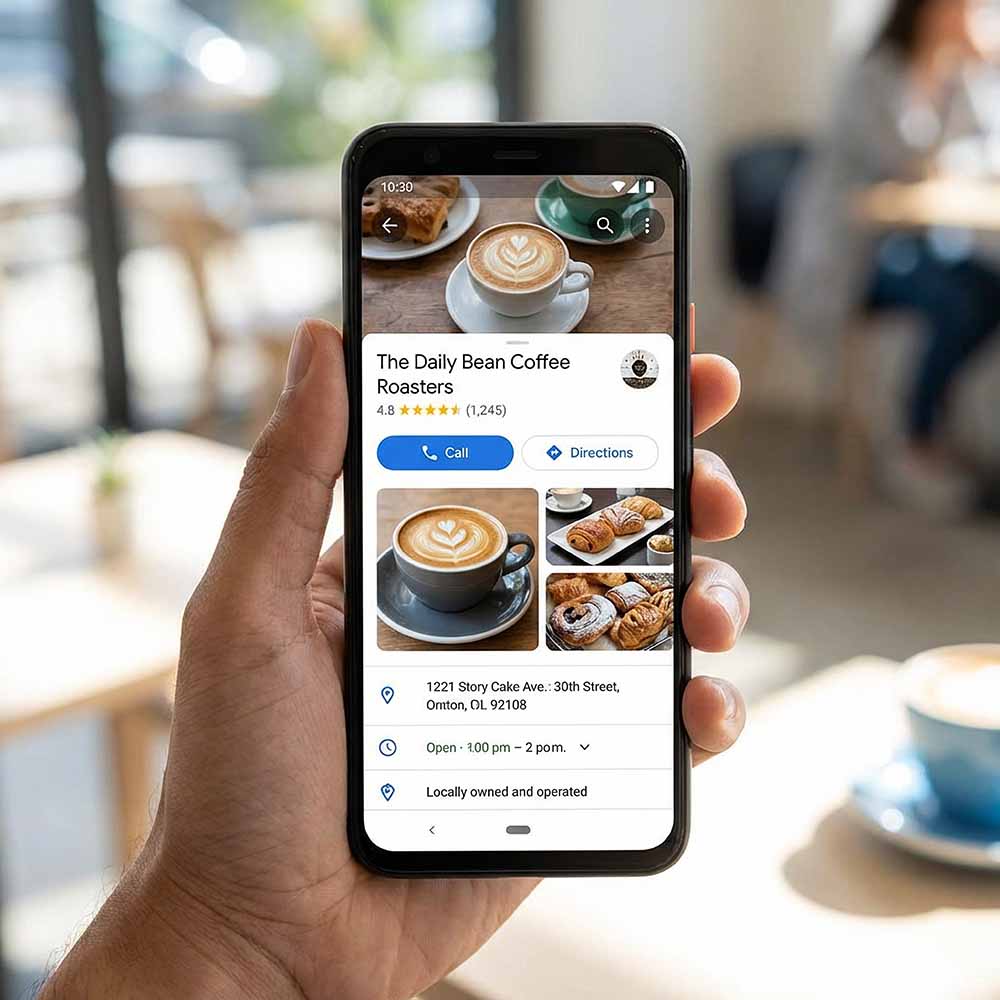 customer browsing a business listing on Google Maps (visible ratings and photos)