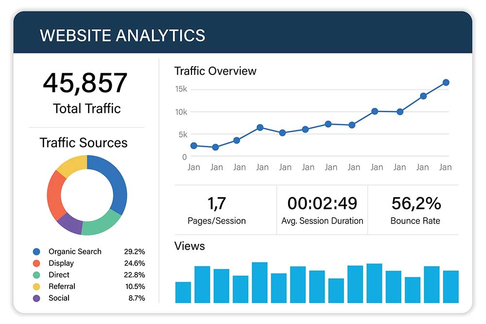 dashboard displaying rankings, impressions, and engagement metrics.